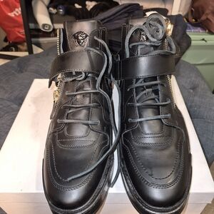 Black Leather High-Top Sneakers with Gold Accents - Designer Style